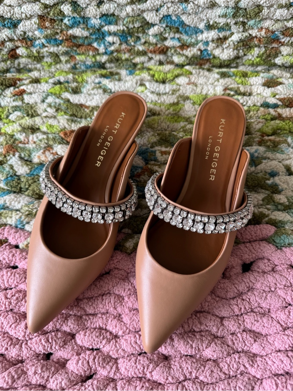 Kurt Geiger Tan Pointed-Toe Heels with Crystal Strap